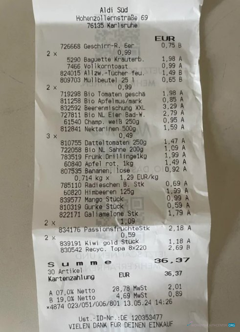 Download Germany Aldi Sud supermarket payment receipt Photoshop template